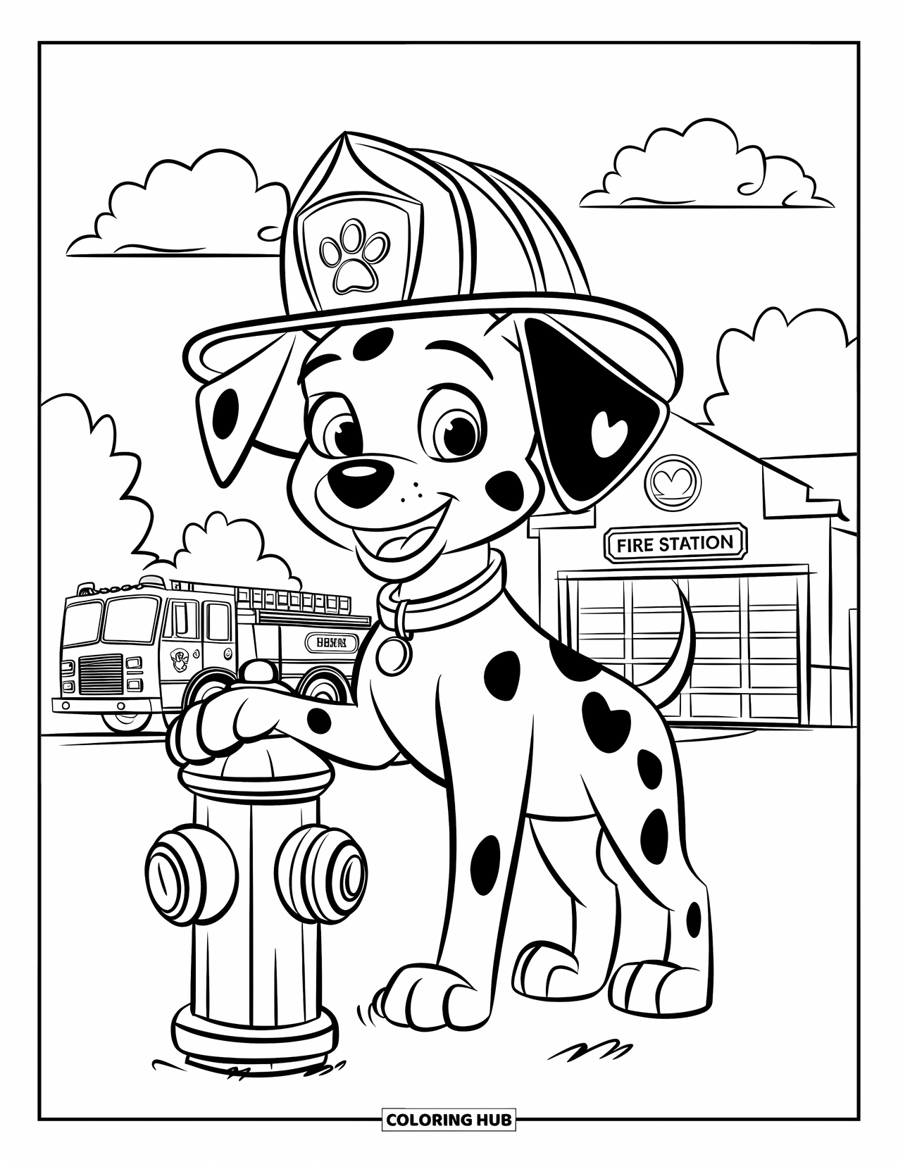 Fire Safety Coloring Page for Kids: A Dalmatian puppy in a firefighter hat stands on a hydrant by a station