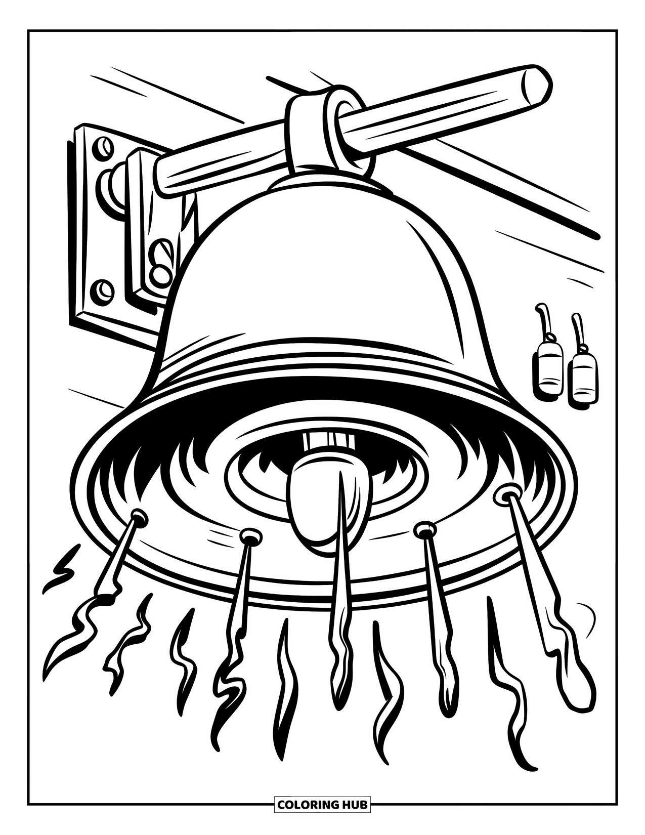 Fire Safety Coloring Page for Kids: A fire alarm bell with sound waves mounted on a wall