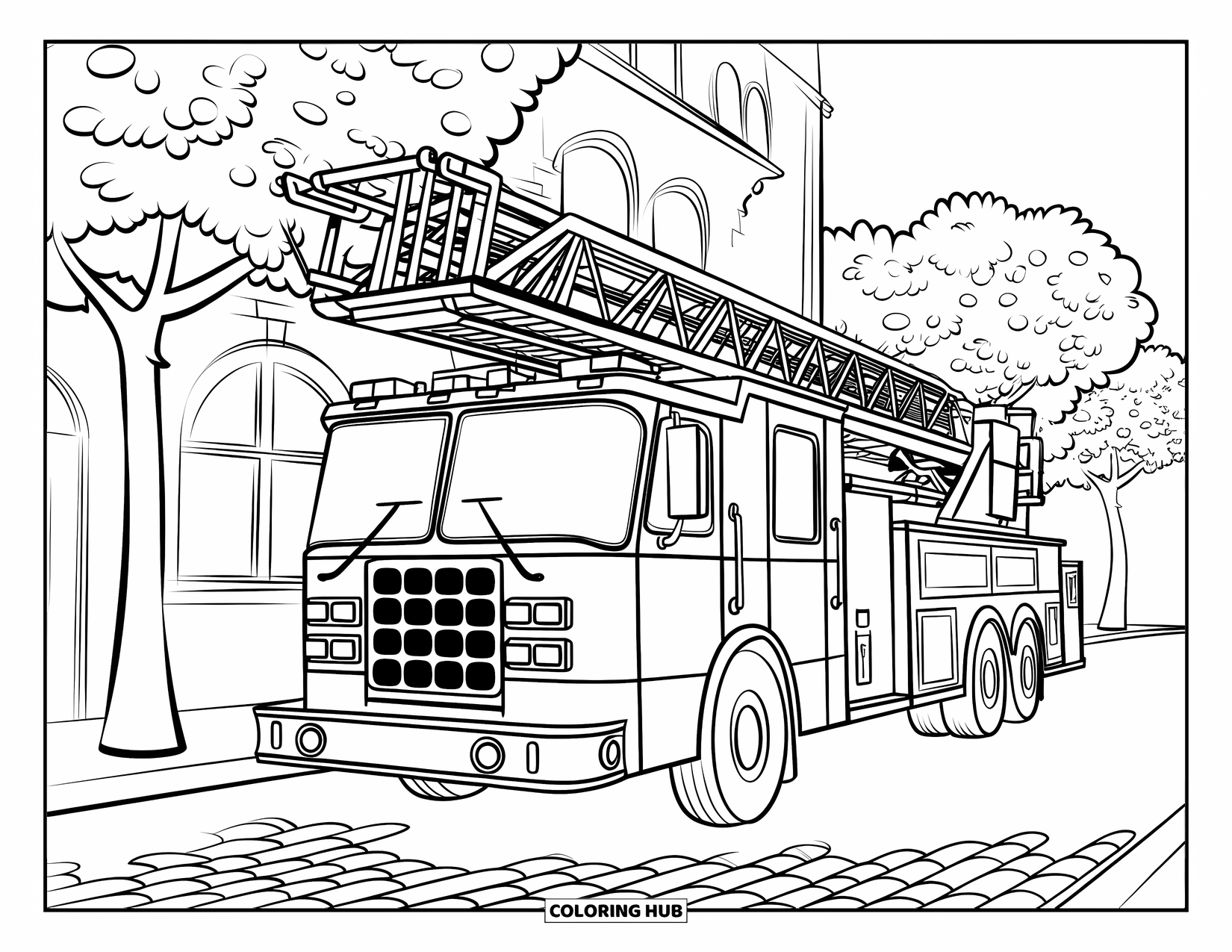 Fire Safety Coloring Page for Kids: A fire truck with a raised ladder is parked on a cobblestone street with trees