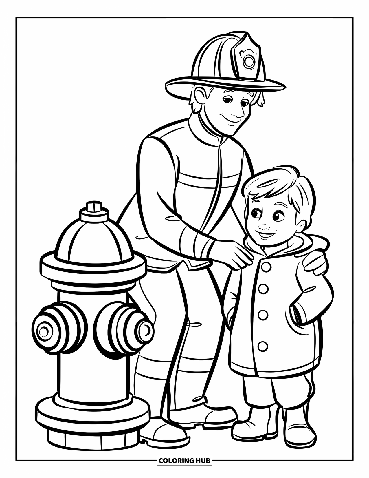 Fire Safety Coloring Page for Kids: A firefighter and child stand beside a red hydrant in a quiet street