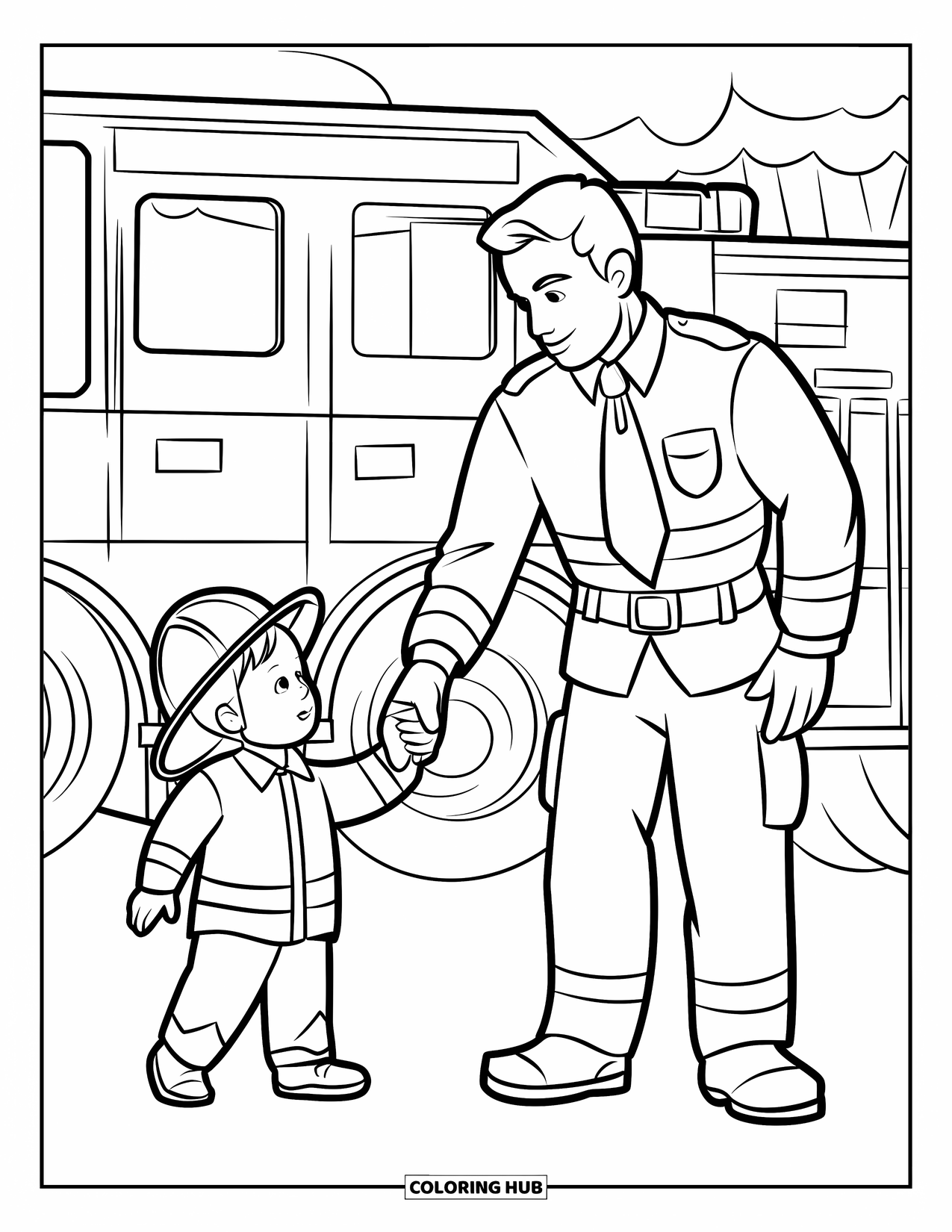 Fire Safety Coloring Page for Kids: A firefighter and child stand near a fire truck during a safety drill