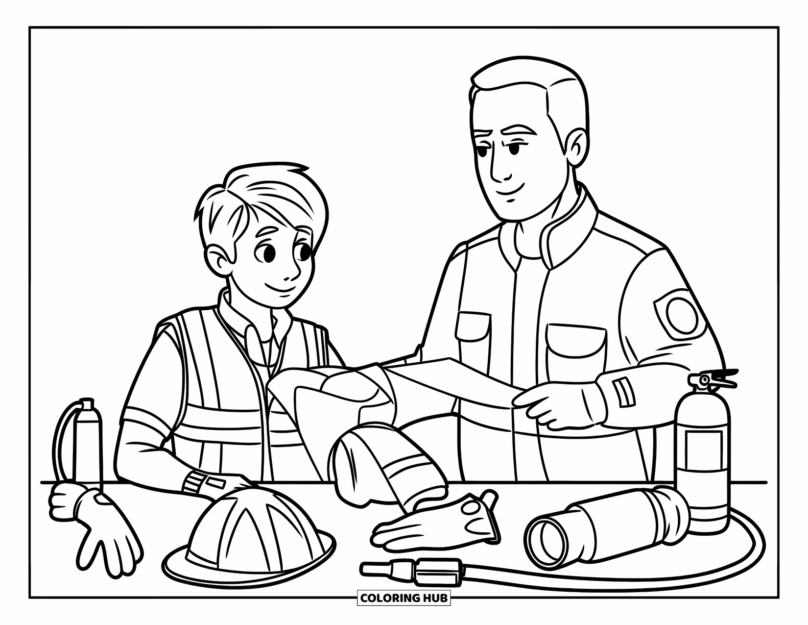 Fire Safety Coloring Page for Kids: A firefighter and teen examine helmets, gloves, and jackets with gear nearby