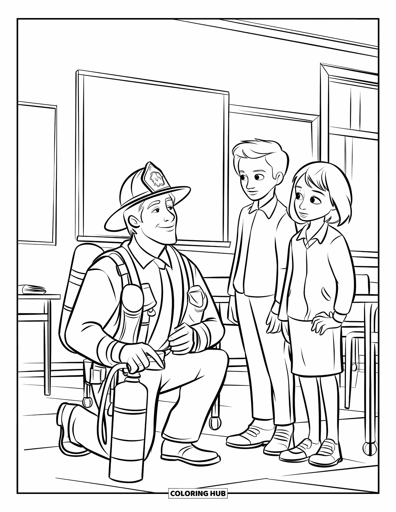 Fire Safety Coloring Page for Kids: A firefighter briefs students indoors with a blackboard and desks behind them