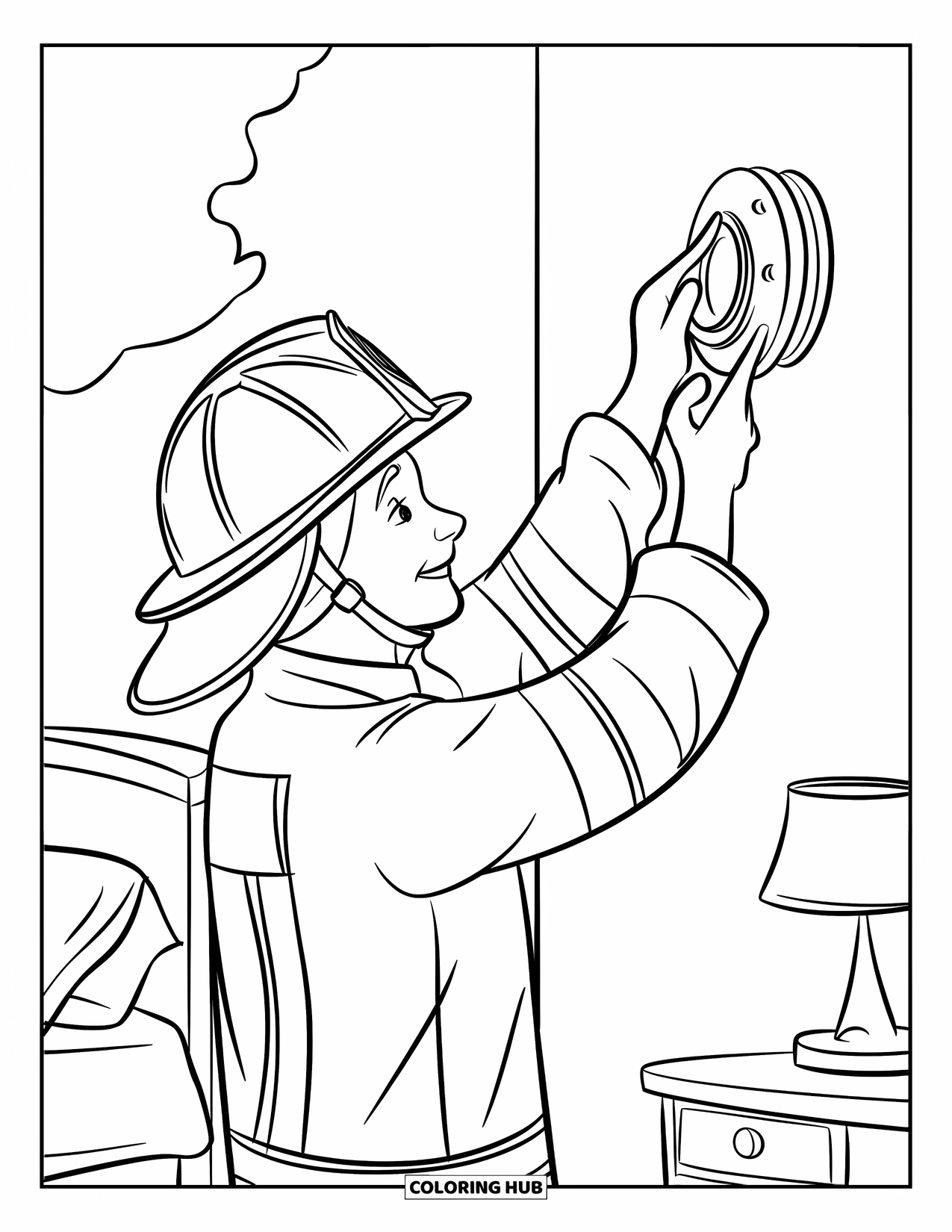 Fire Safety Coloring Page for Kids: A firefighter checks a bedroom smoke detector near a bed and lamp