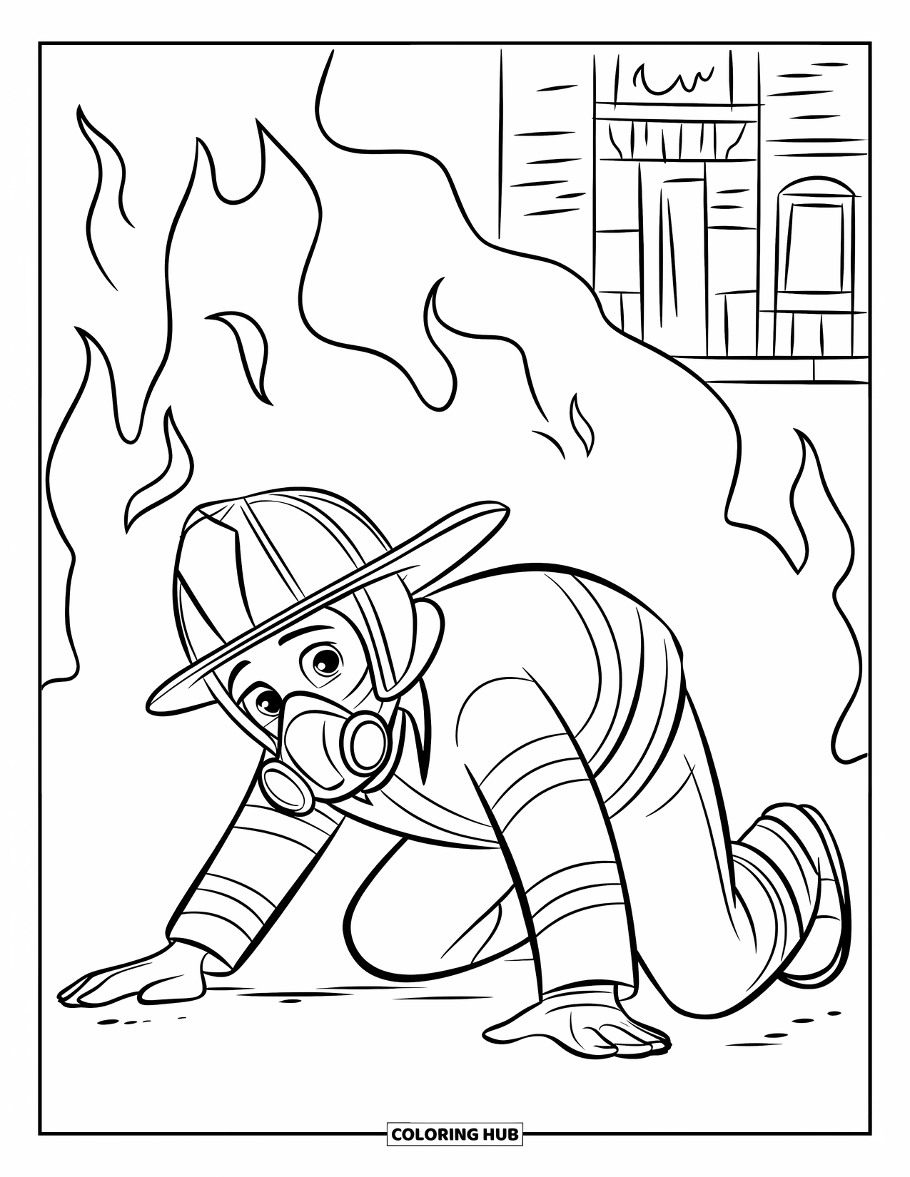 Fire Safety Coloring Page for Kids: A firefighter demonstrates crawling low under smoke near a burning building