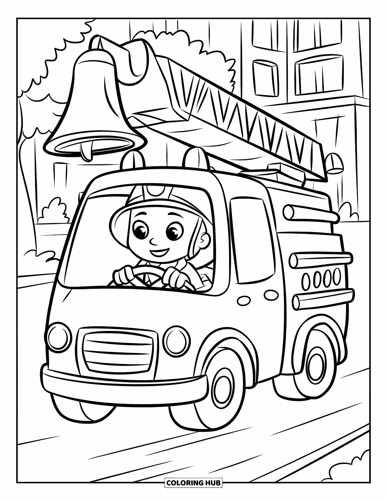 Fire Safety Coloring Page for Kids: A firefighter drives a small truck with a bell past buildings and trees