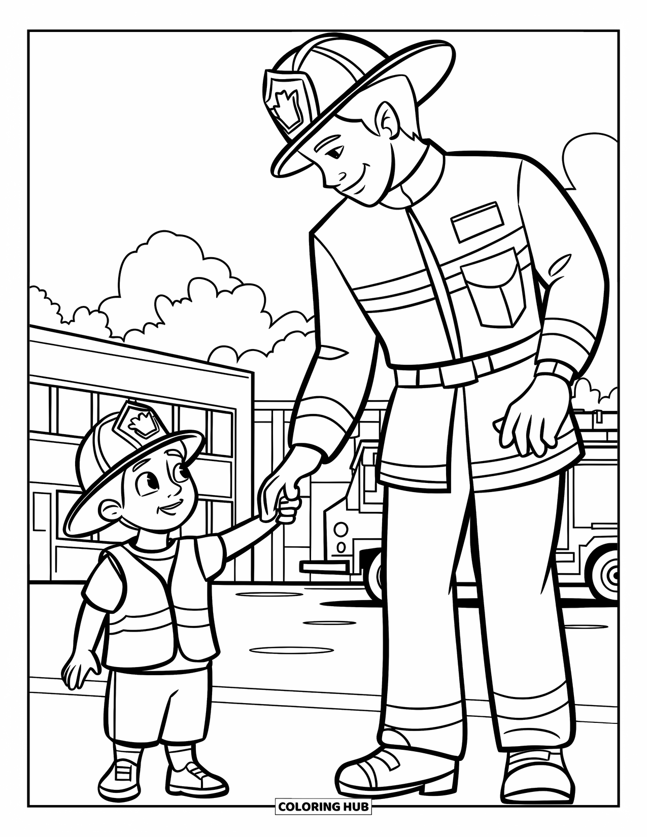 Fire Safety Coloring Page for Kids: A firefighter guides a helmeted child near a school and fire truck