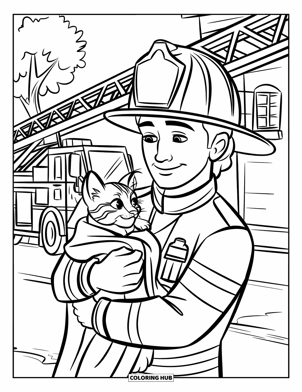 Fire Safety Coloring Page for Kids: A firefighter hugs a kitten beside a ladder truck near a building and tree