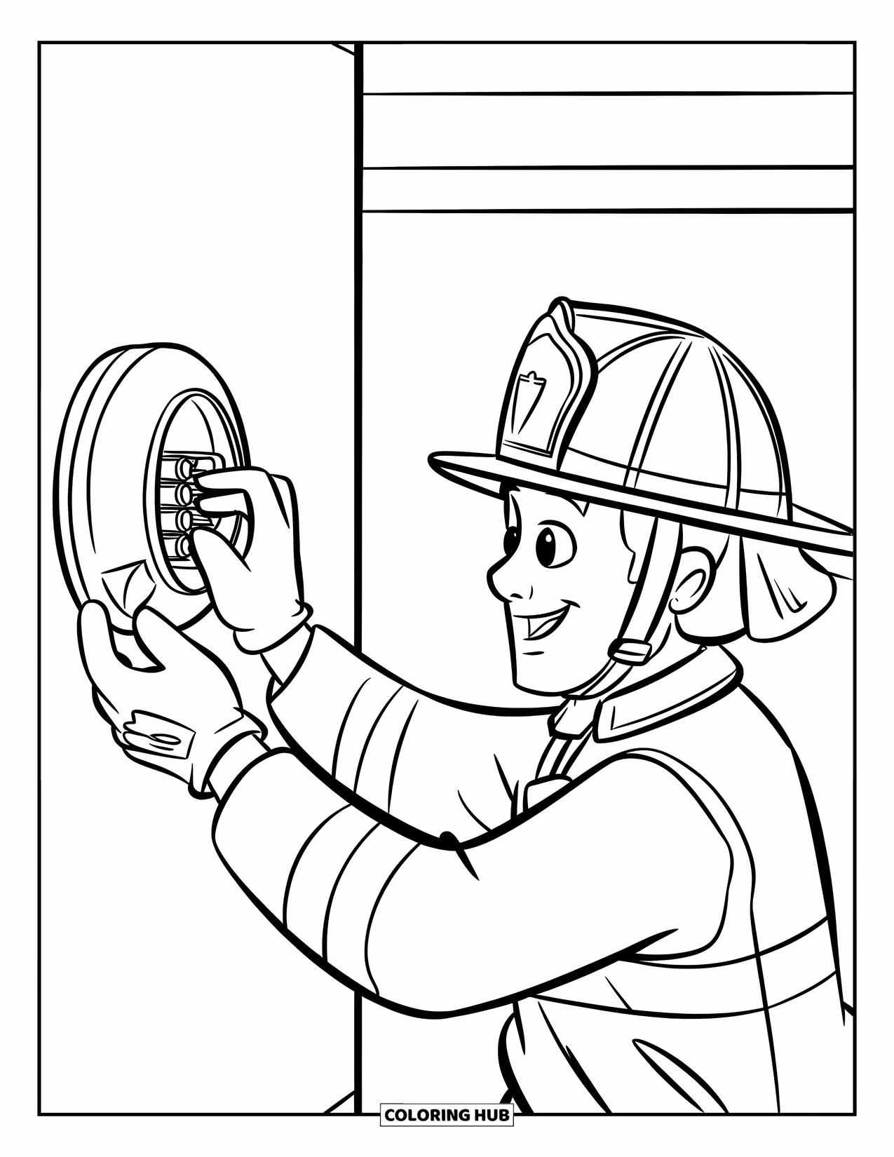 Fire Safety Coloring Page for Kids: A firefighter in gloves adds batteries to a wall-mounted smoke alarm