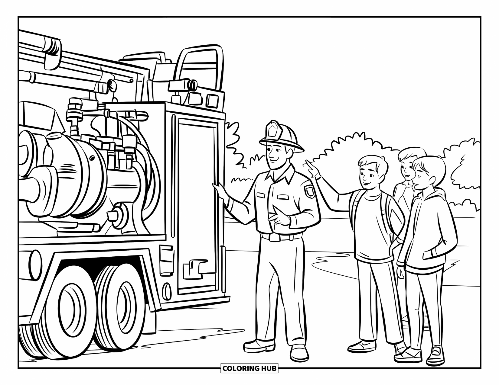 Fire Safety Coloring Page for Kids: A firefighter in uniform explains a water pump to three teens outdoors