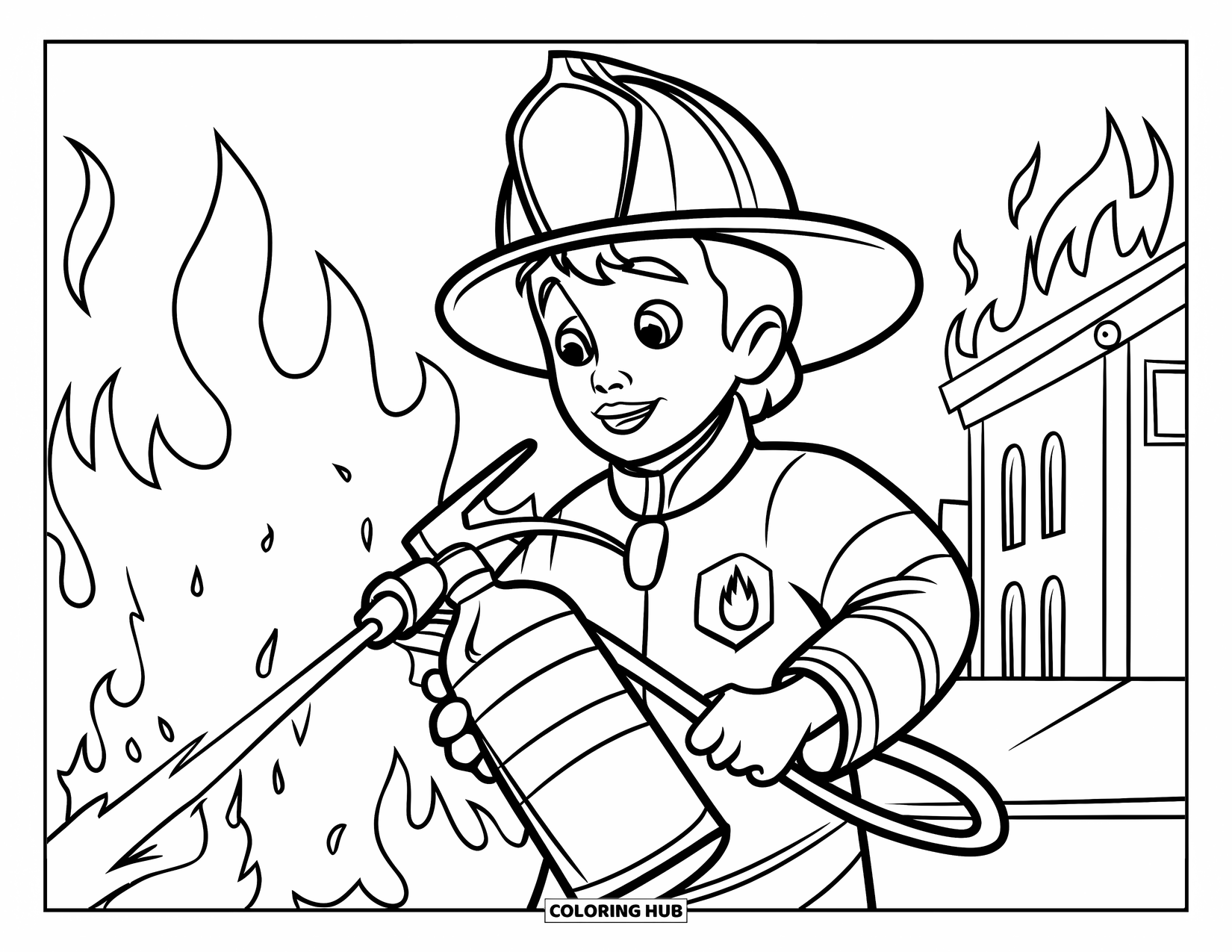 Fire Safety Coloring Page for Kids: A firefighter in uniform shows how to extinguish a fire with flames behind
