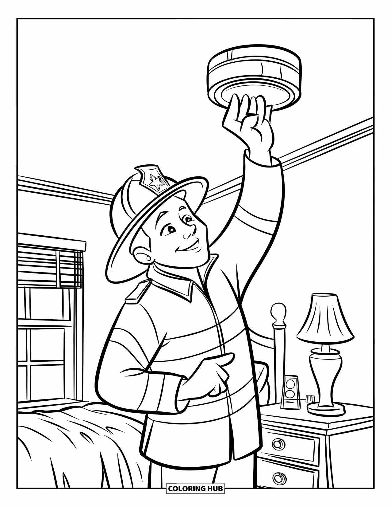 Fire Safety Coloring Page for Kids: A firefighter inspects a ceiling smoke detector in a bedroom with a window