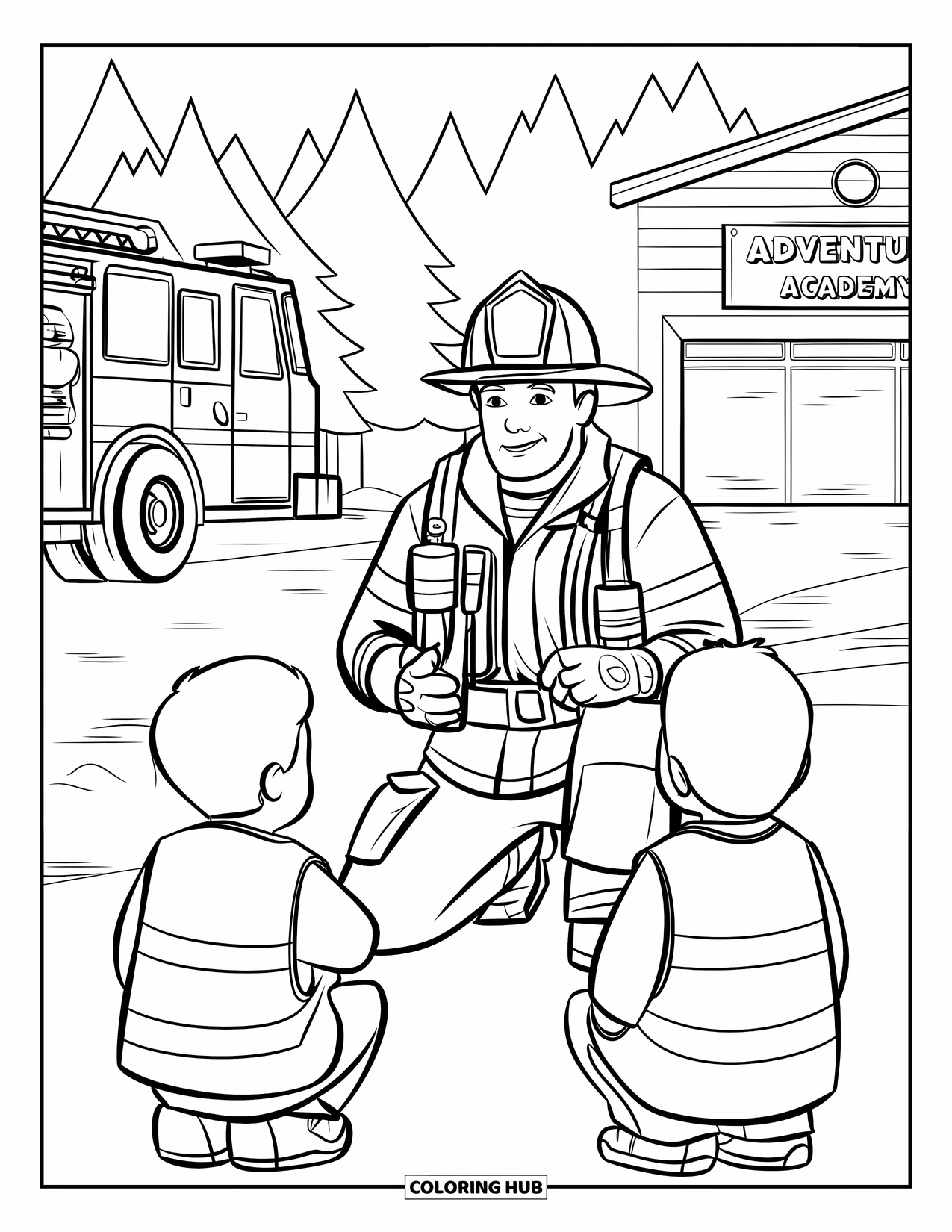 Fire Safety Coloring Page for Kids: A firefighter kneels with gear explaining safety to students near a fire academy