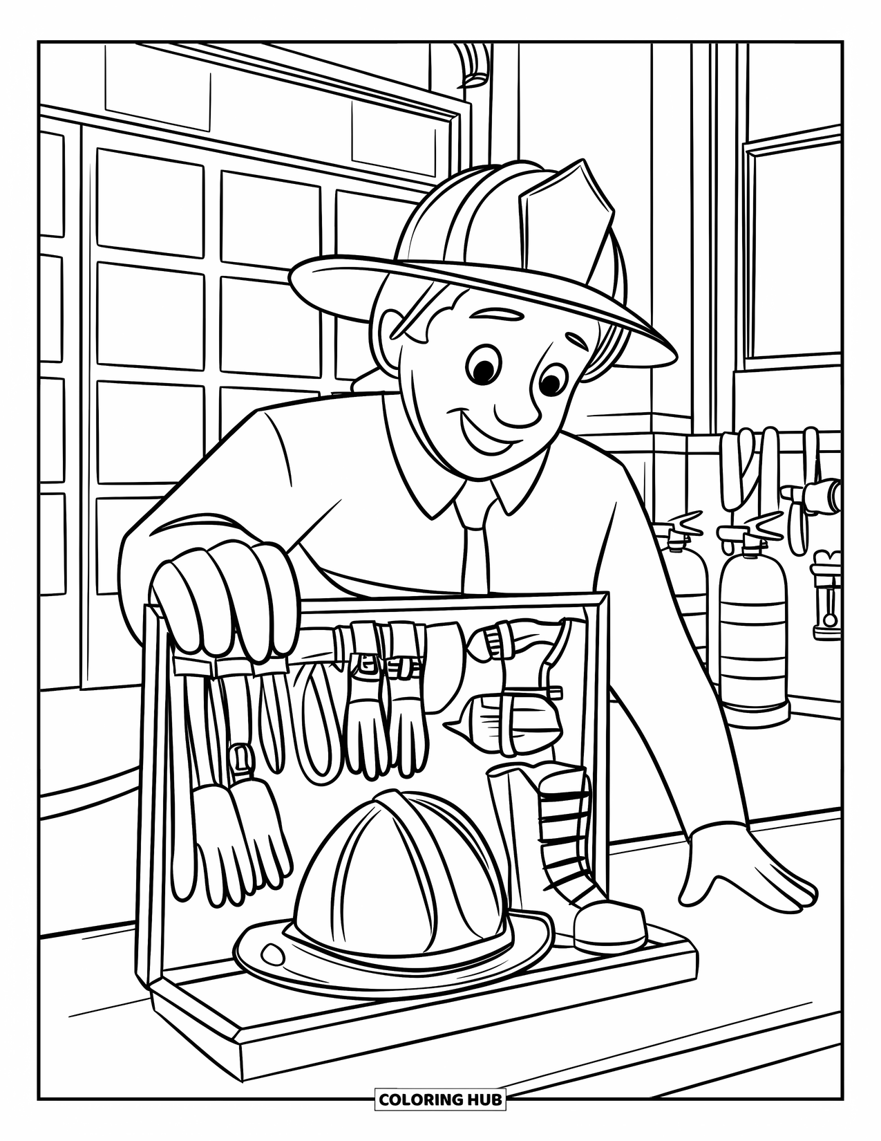 Fire Safety Coloring Page for Kids: A firefighter opens a safety kit showing gear inside a fire station