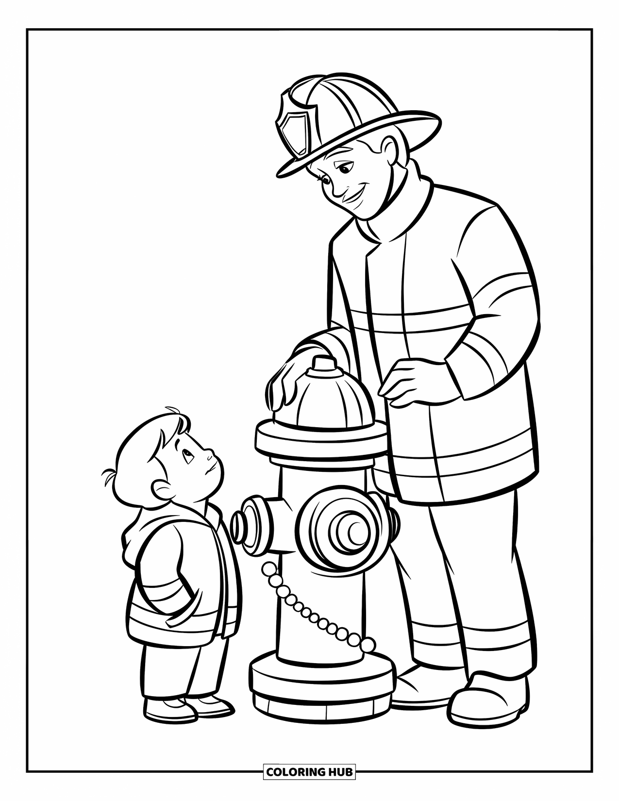 Fire Safety Coloring Page for Kids: A firefighter rests a hand on a hydrant while a child looks up