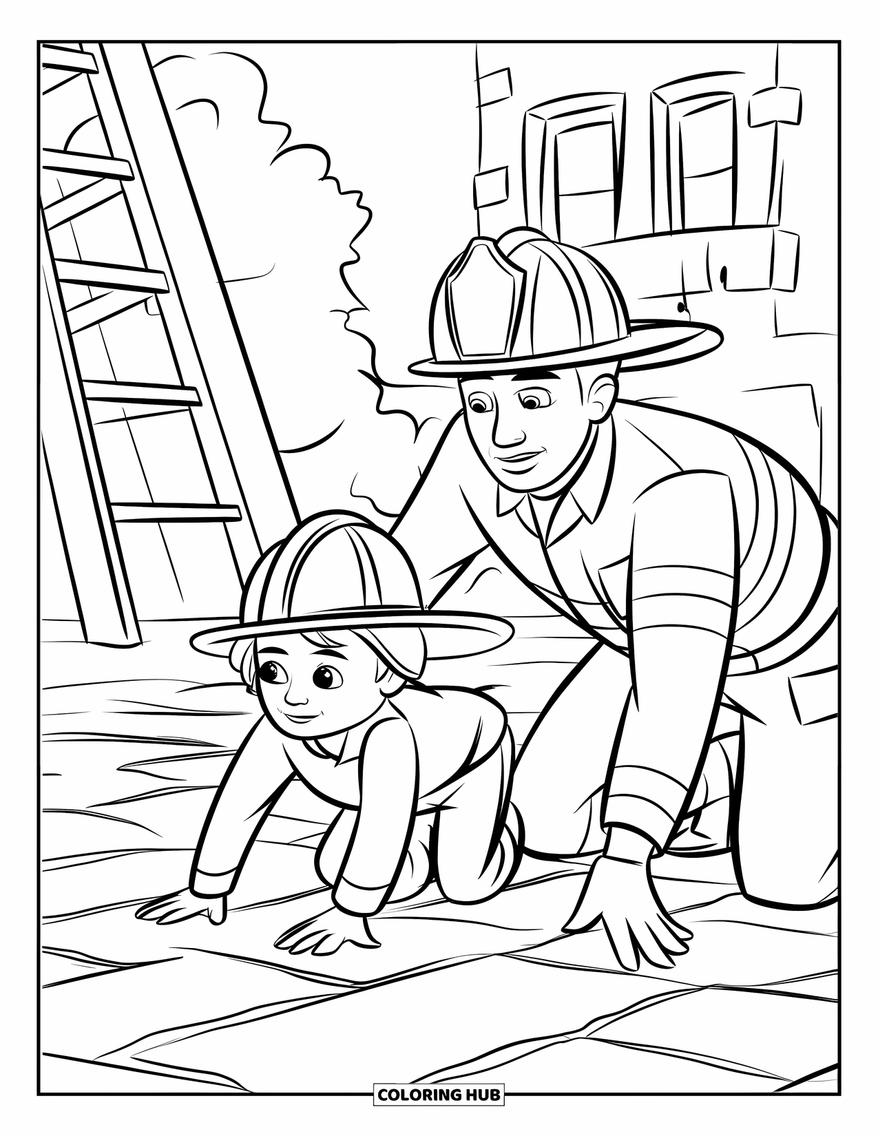 Fire Safety Coloring Page for Kids: A firefighter shows a helmeted child how to crawl under smoke near a ladder
