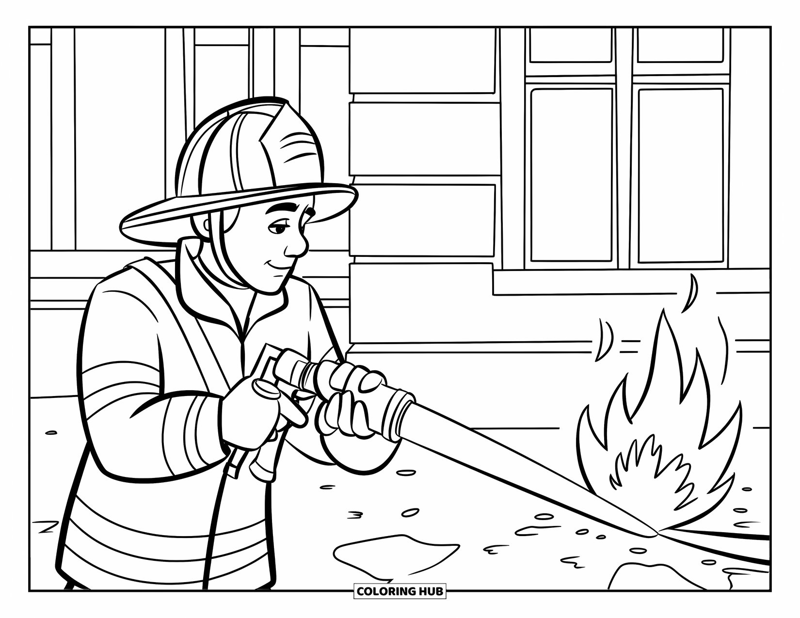 Fire Safety Coloring Page for Kids: A firefighter uses a hose to put out a small flame near a building