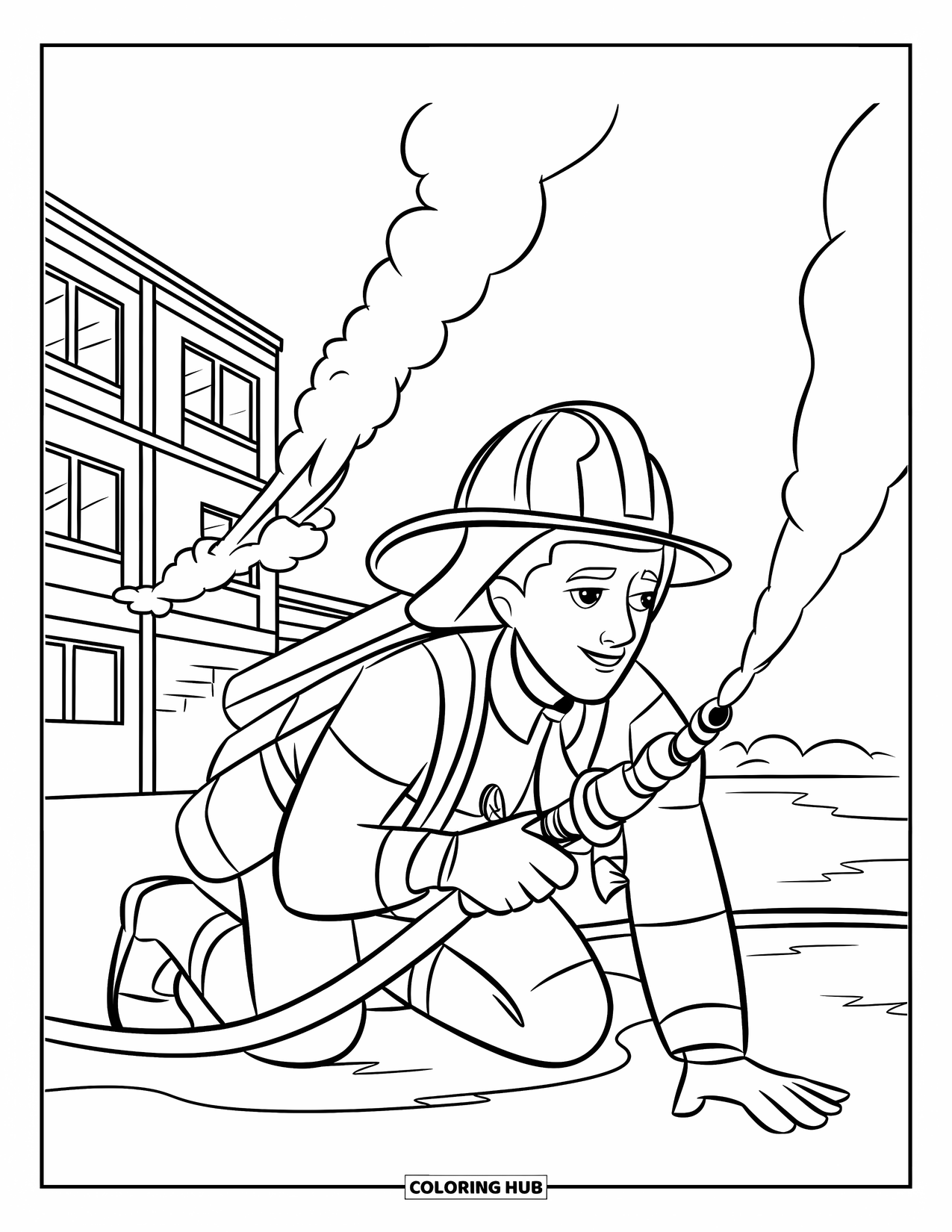 Fire Safety Coloring Page for Kids: A firefighter with a hose demonstrates crawling under smoke near a smoky building
