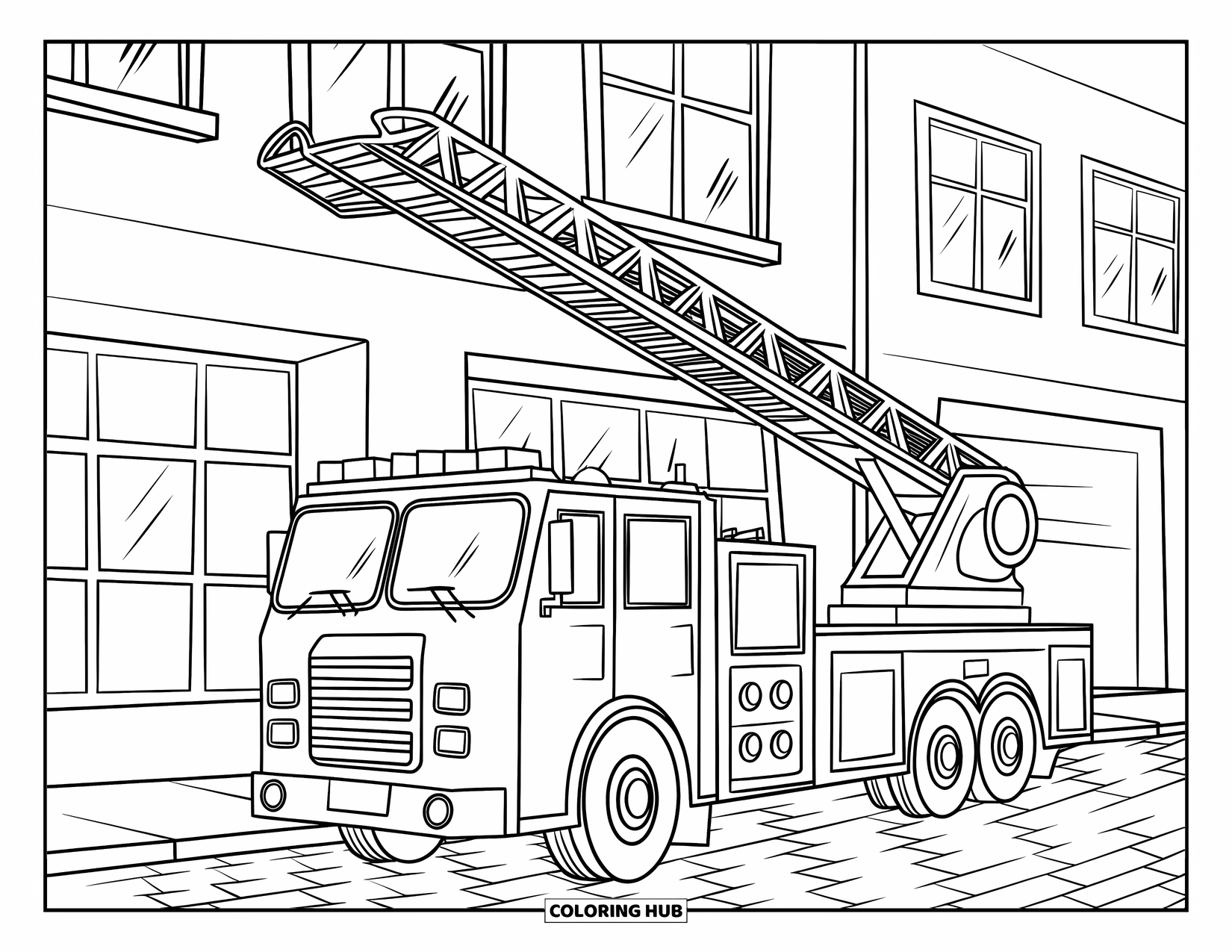 Fire Safety Coloring Page for Kids: A friendly fire truck raises its ladder beside a building with curtained windows
