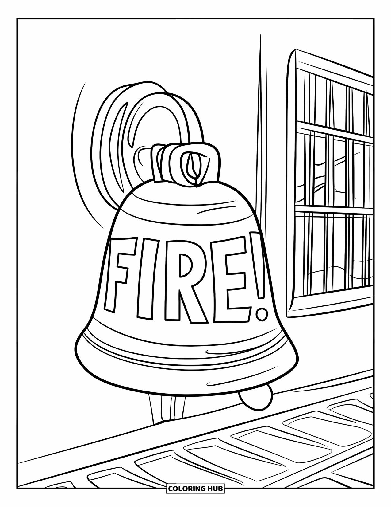 Fire Safety Coloring Page for Kids: A large fire alarm bell rings on a wall with barred windows