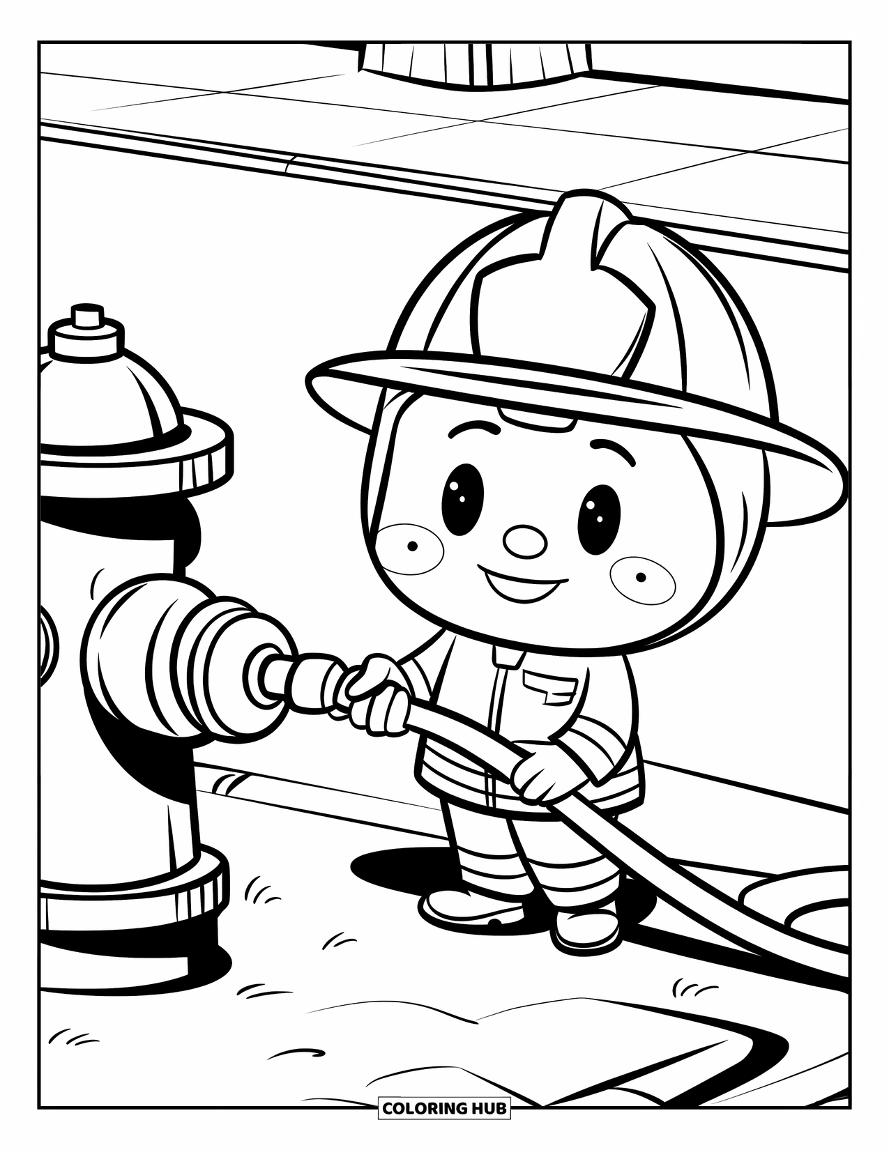 Fire Safety Coloring Page for Kids: A smiling firefighter stands by a street hydrant holding a hose