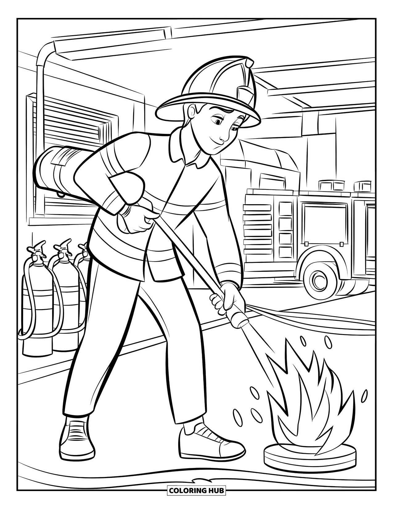 Fire Safety Coloring Page for Kids: A teen practices using a fire extinguisher near a fire station and truck