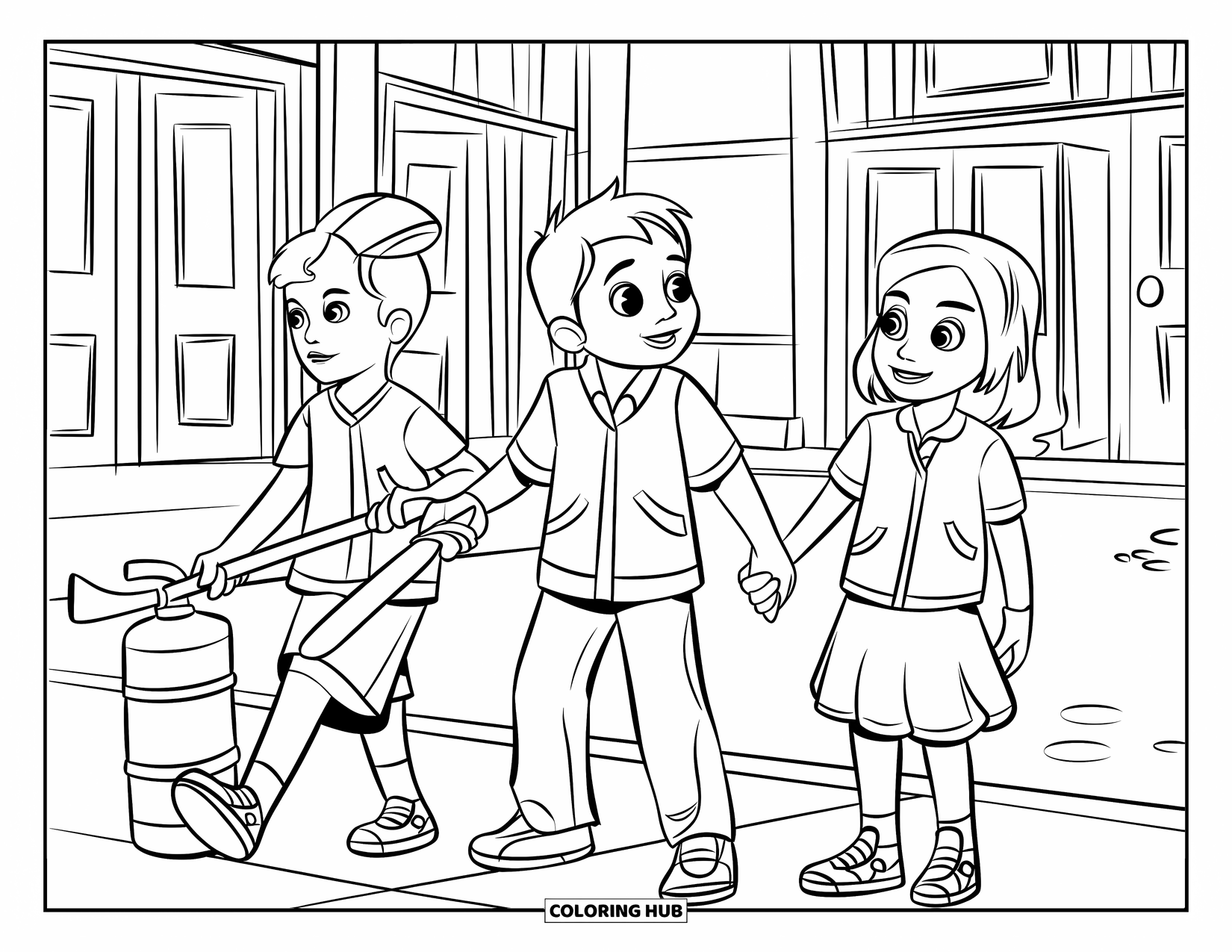 Fire Safety Coloring Page for Kids: Three kids walk through a school during a fire drill practice