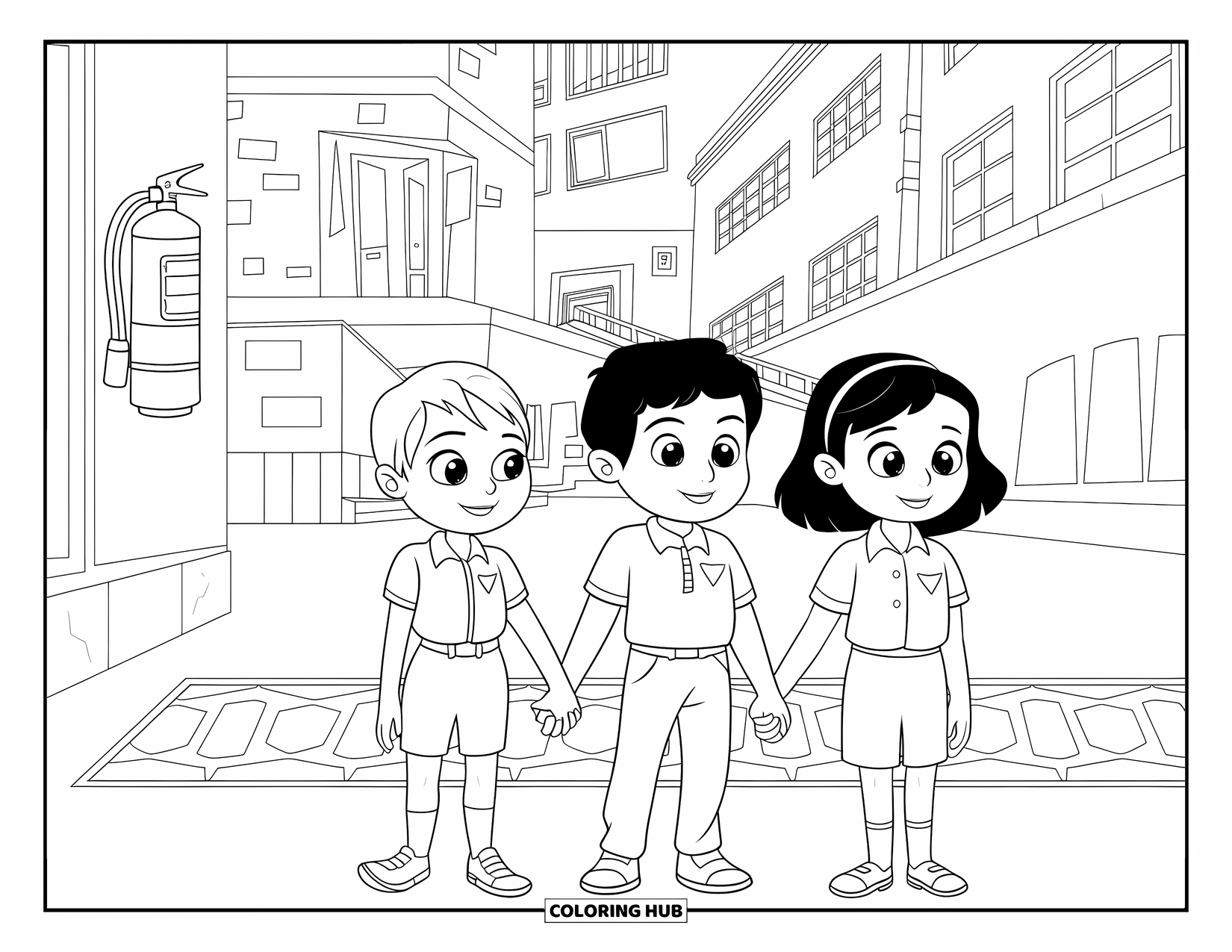 Fire Safety Coloring Page for Kids: Three uniformed kids line up for a fire drill near a wall extinguisher