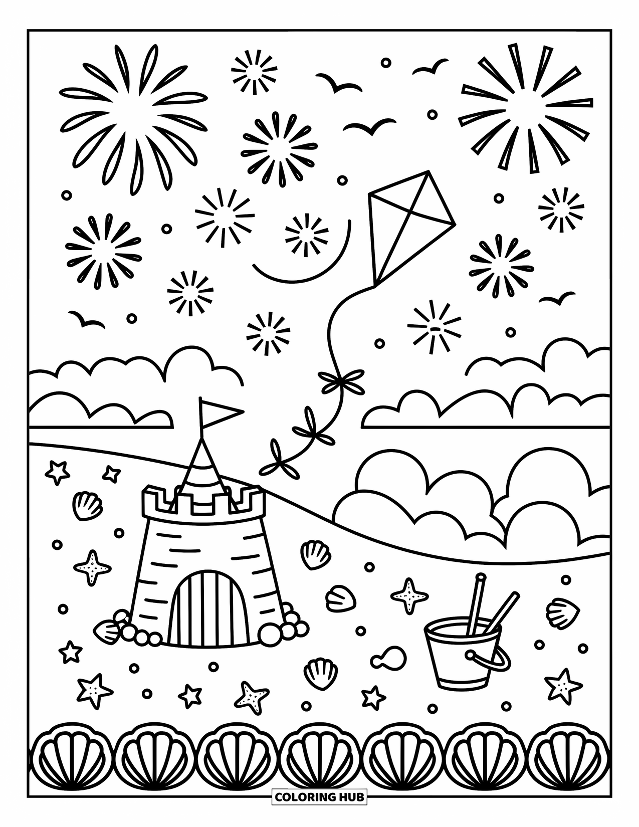Firework Coloring Page for Adults: Beach evening with sandcastle, kite, shells, seagulls, and fireworks display