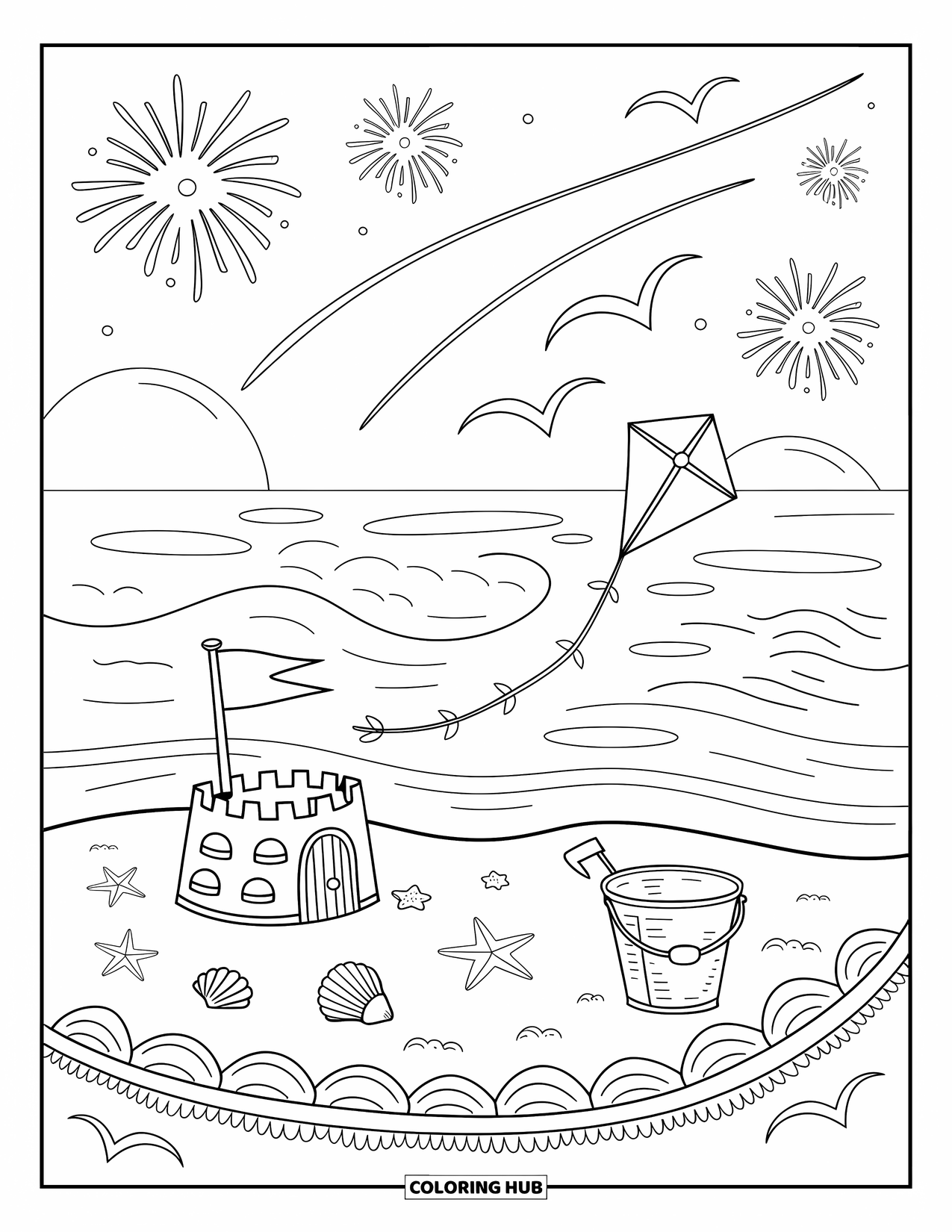 Firework Coloring Page for Adults: Beach scene with sandcastle, shells, kite, seagulls, and fireworks