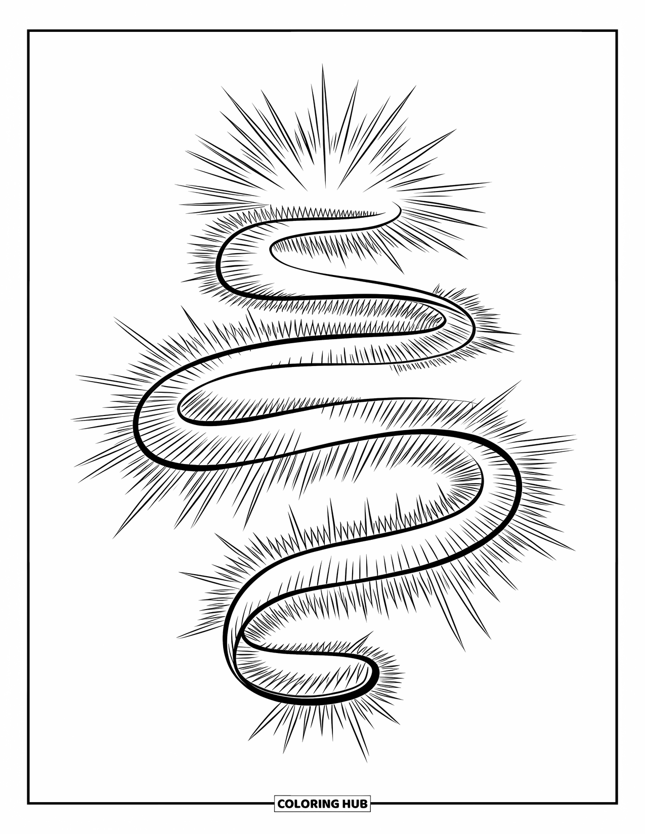Firework Coloring Page for Adults: Corkscrew spiral firework with bold outlines on white background