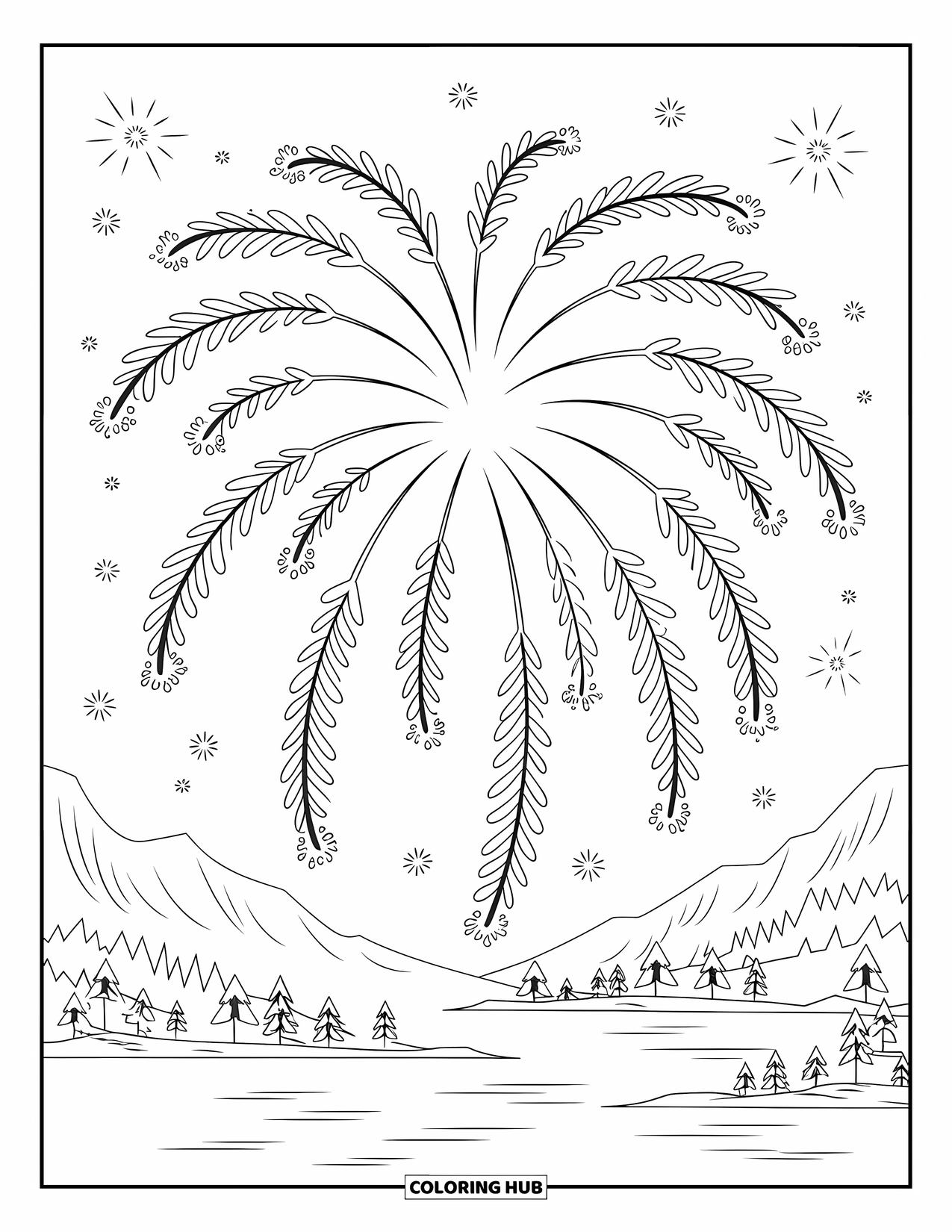 Firework Coloring Page for Adults: Large willow firework over mountains, trees, and smaller sparks