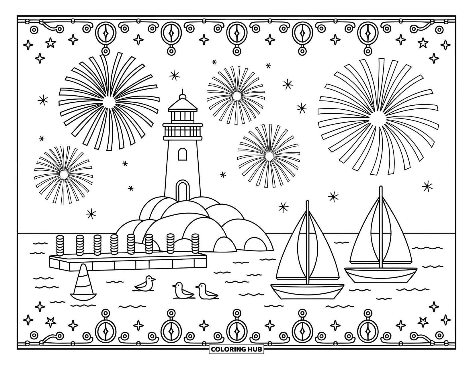 Firework Coloring Page for Adults: Lighthouse and pier with sailboats under fireworks and nautical border