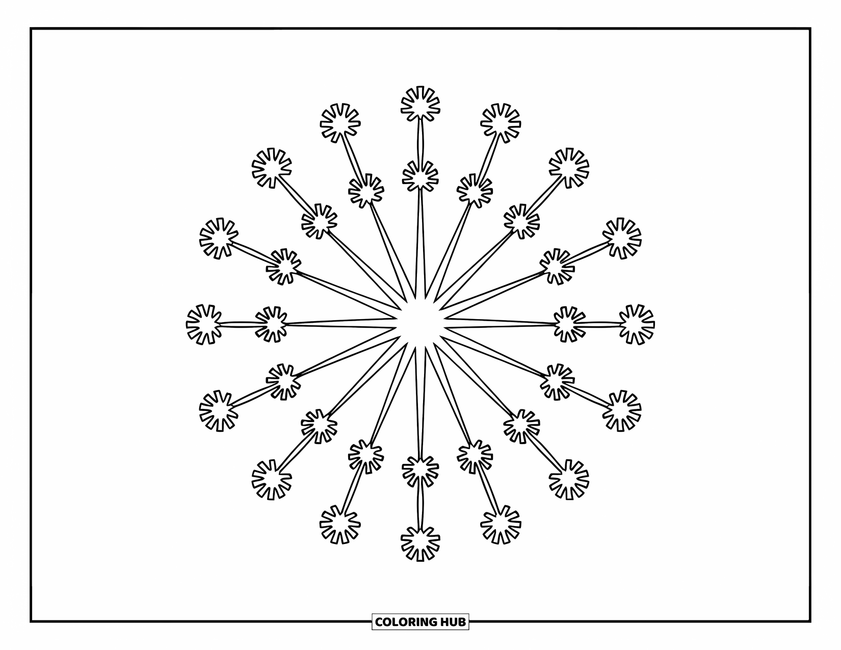 Firework Coloring Page for Adults: Shell-of-shells firework with smaller bursts around a central explosion
