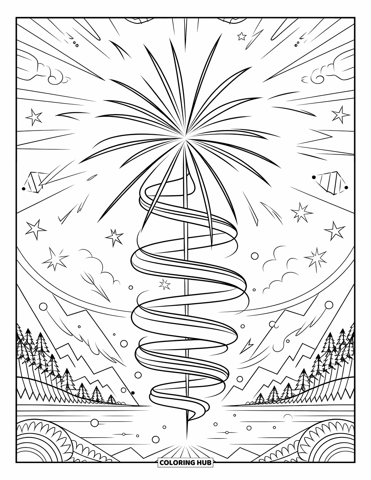 Firework Coloring Page for Adults: Spiral firework over mountains, trees, and water landscape