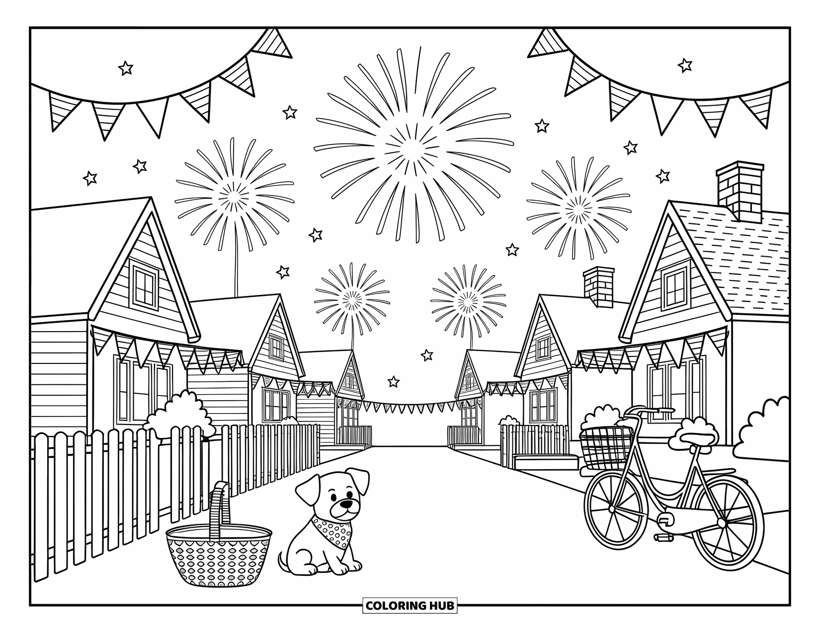 Firework Coloring Page for Adults: Street party with houses, bikes, bunting, dog, and starry fireworks