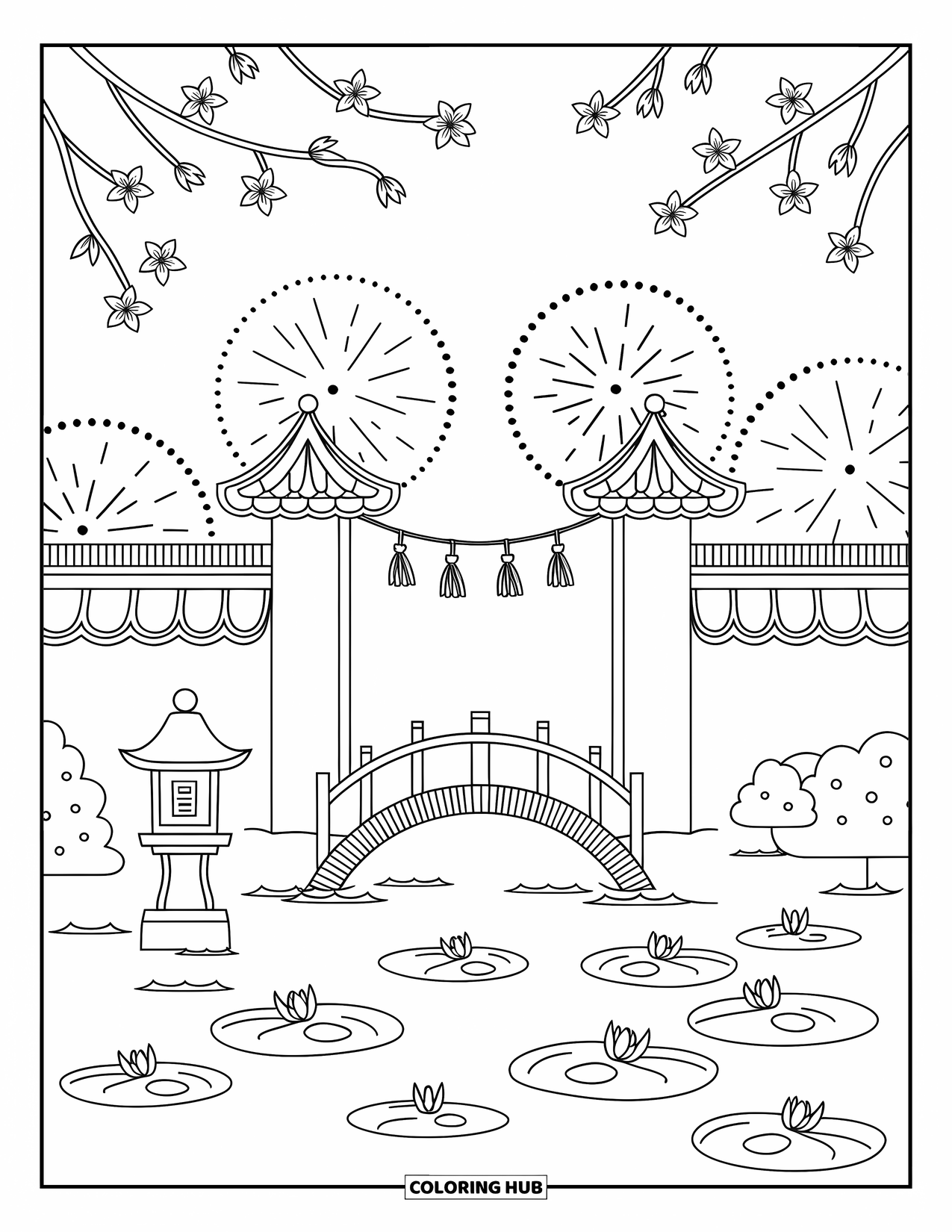 Firework Coloring Page for Adults: Temple garden with pond, bridge, lantern, blossoms, and fireworks display
