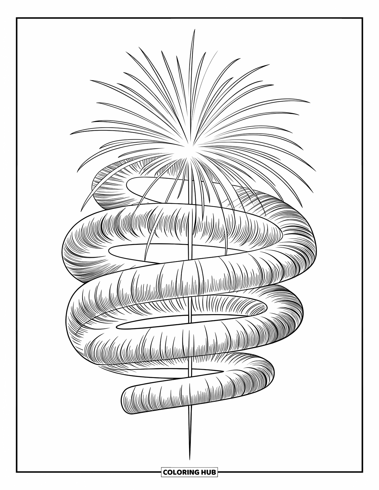 Firework Coloring Page for Adults: Tightly wound corkscrew spiral firework with thin, sharp lines