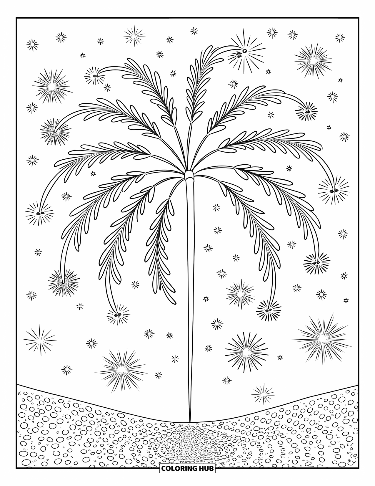 Firework Coloring Page for Adults: Willow firework in starry sky with multiple bursts and spark patterns