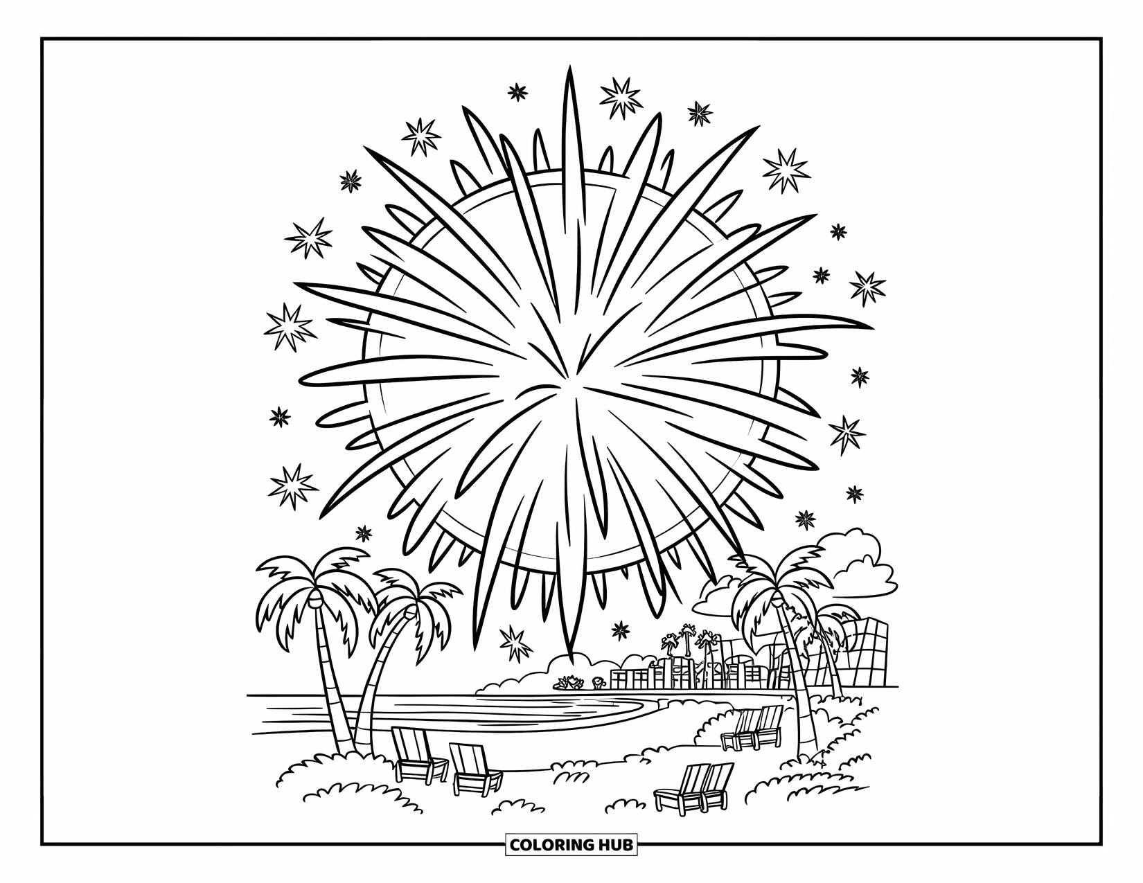 Firework Coloring Page for Kids: Beach chairs and palm trees under starburst firework