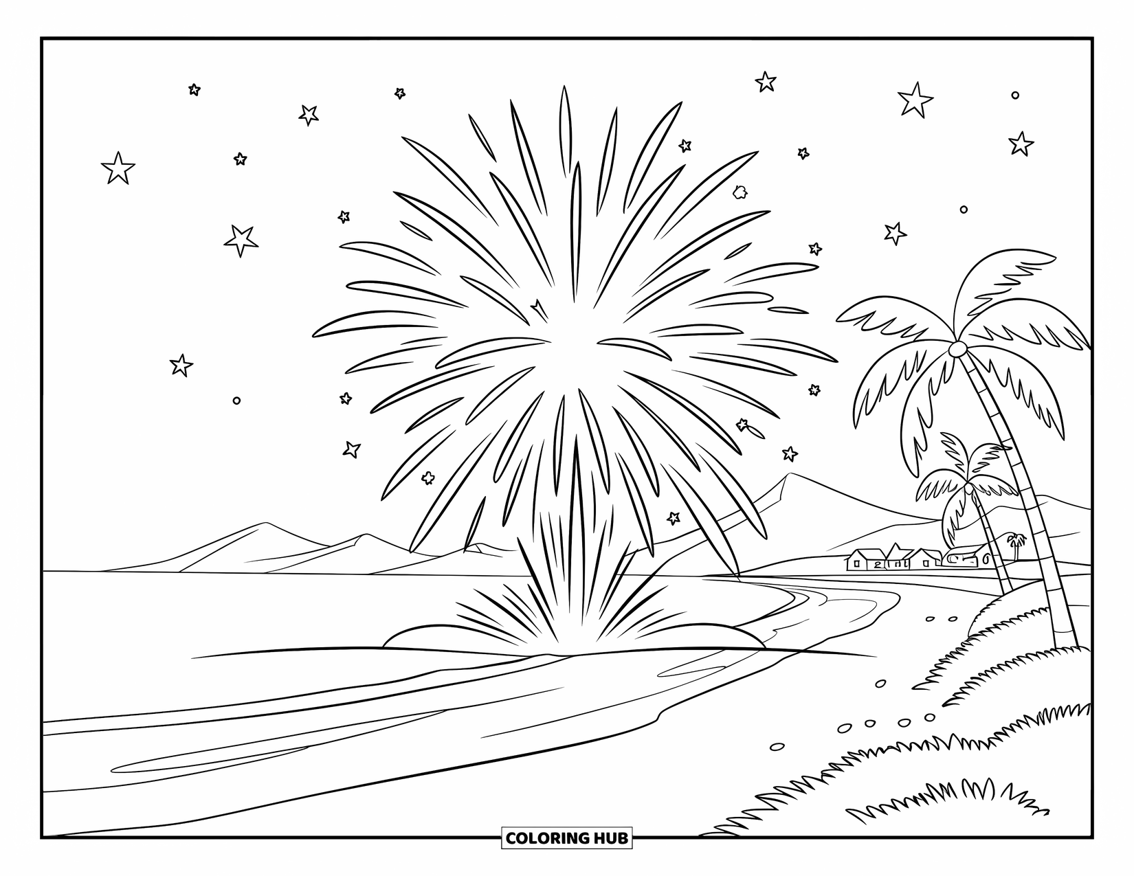 Firework Coloring Page for Kids: Beach with gentle waves and mountains under a big firework