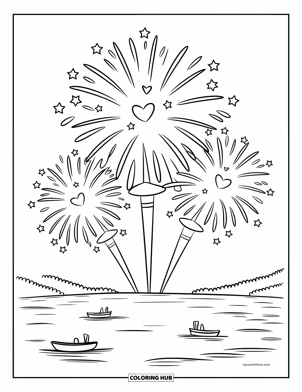 Firework Coloring Page for Kids: Boats on lake under heart and star-shaped fireworks