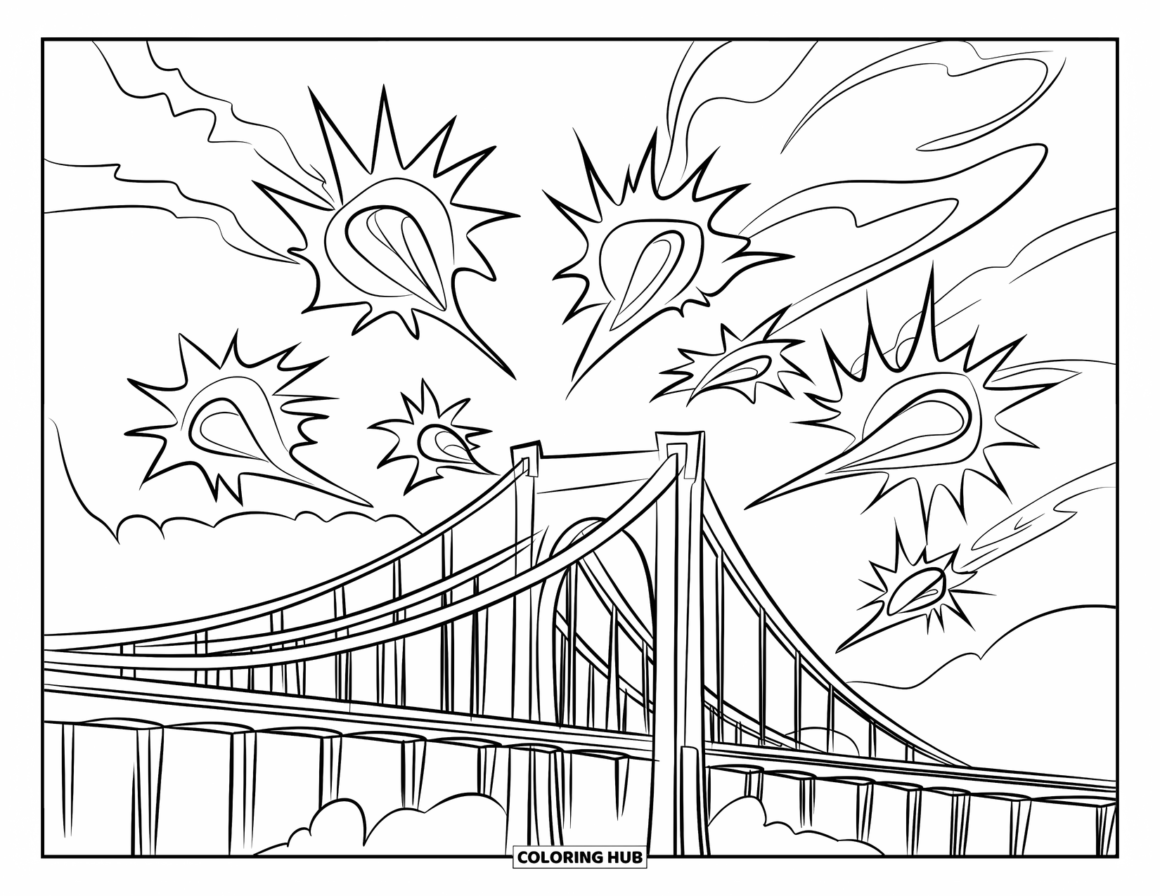 Firework Coloring Page for Kids: Bursts of energy with swirls above an arched suspension bridge
