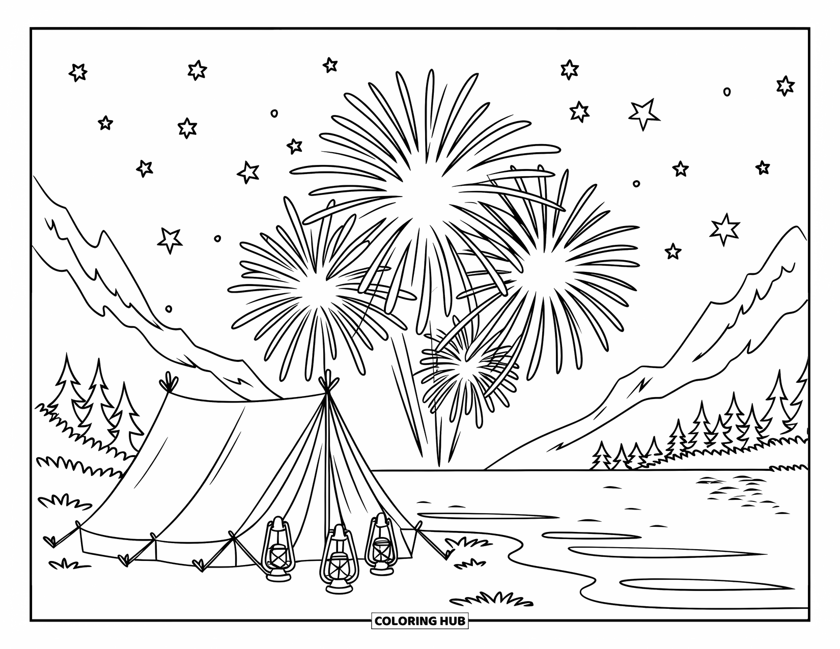 Firework Coloring Page for Kids: Camping tent with fireworks, stars, and mountains