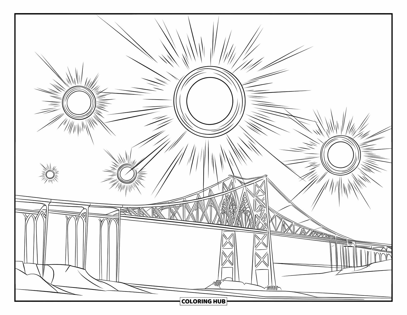 Firework Coloring Page for Kids: Circular bursts floating above a multi-arched suspension bridge