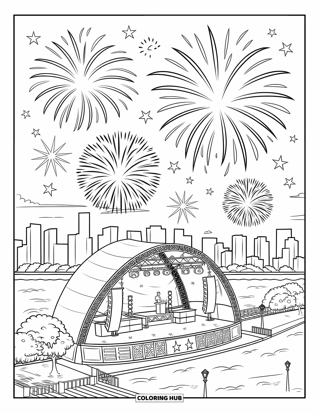 Firework Coloring Page for Kids: DJ stage with fireworks, riverside path, and city skyline