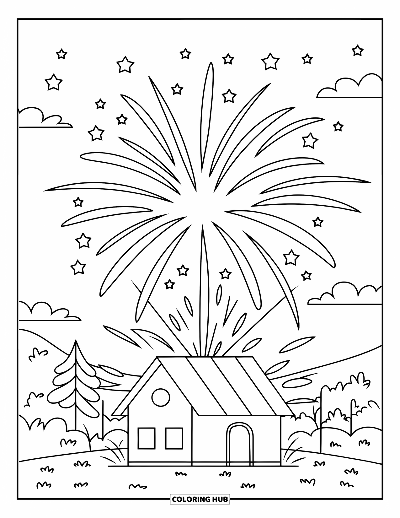 Firework Coloring Page for Kids: Firework over a small house with trees and clouds