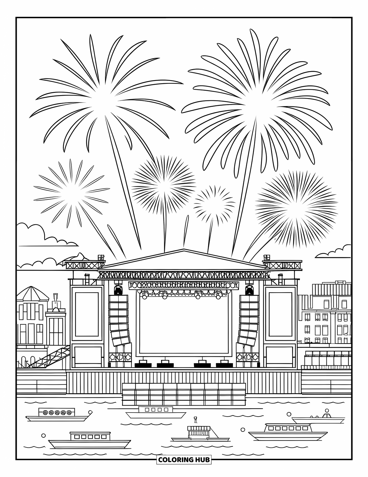 Firework Coloring Page for Kids: Fireworks above a riverside concert stage with boats and buildings