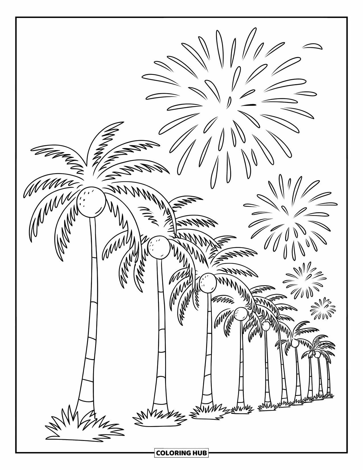 Firework Coloring Page for Kids: Fireworks over a row of palm trees lit by the display