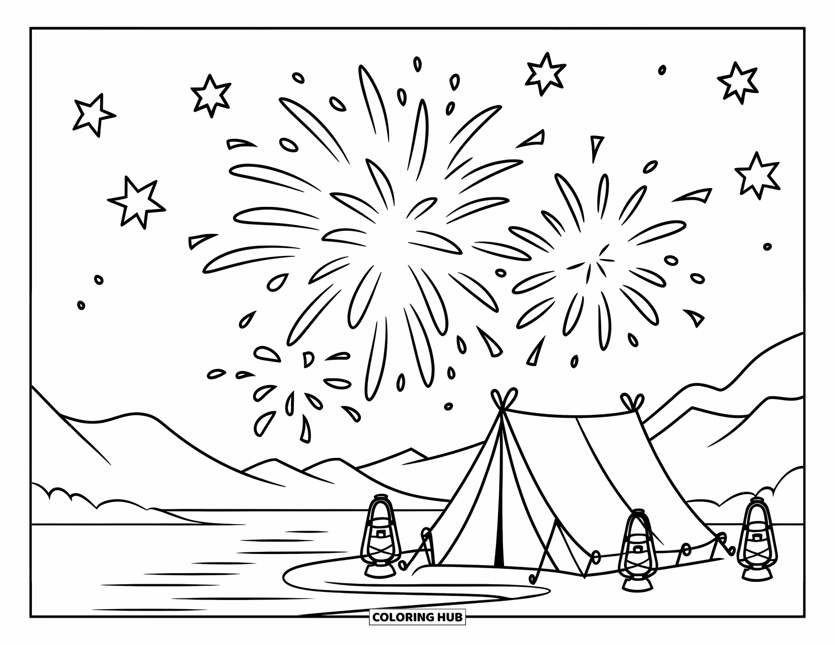 Firework Coloring Page for Kids: Fireworks over a tent with lanterns by a lake and mountains